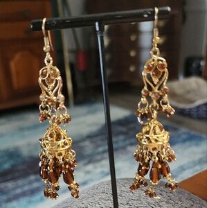 Gold and Brown Chandelier Earrings